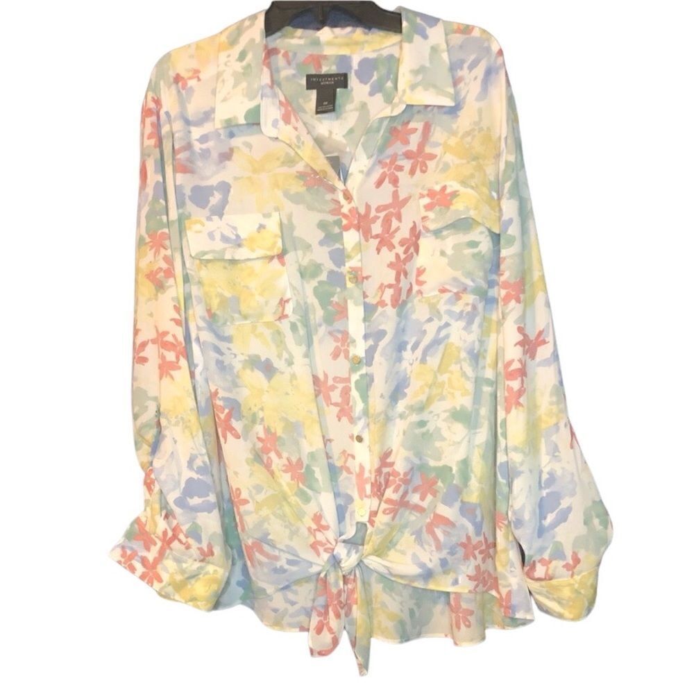 NWT Investments Blouse Tie Front Roll Sleeves Mauve Green Blue Yellow White Sz3X